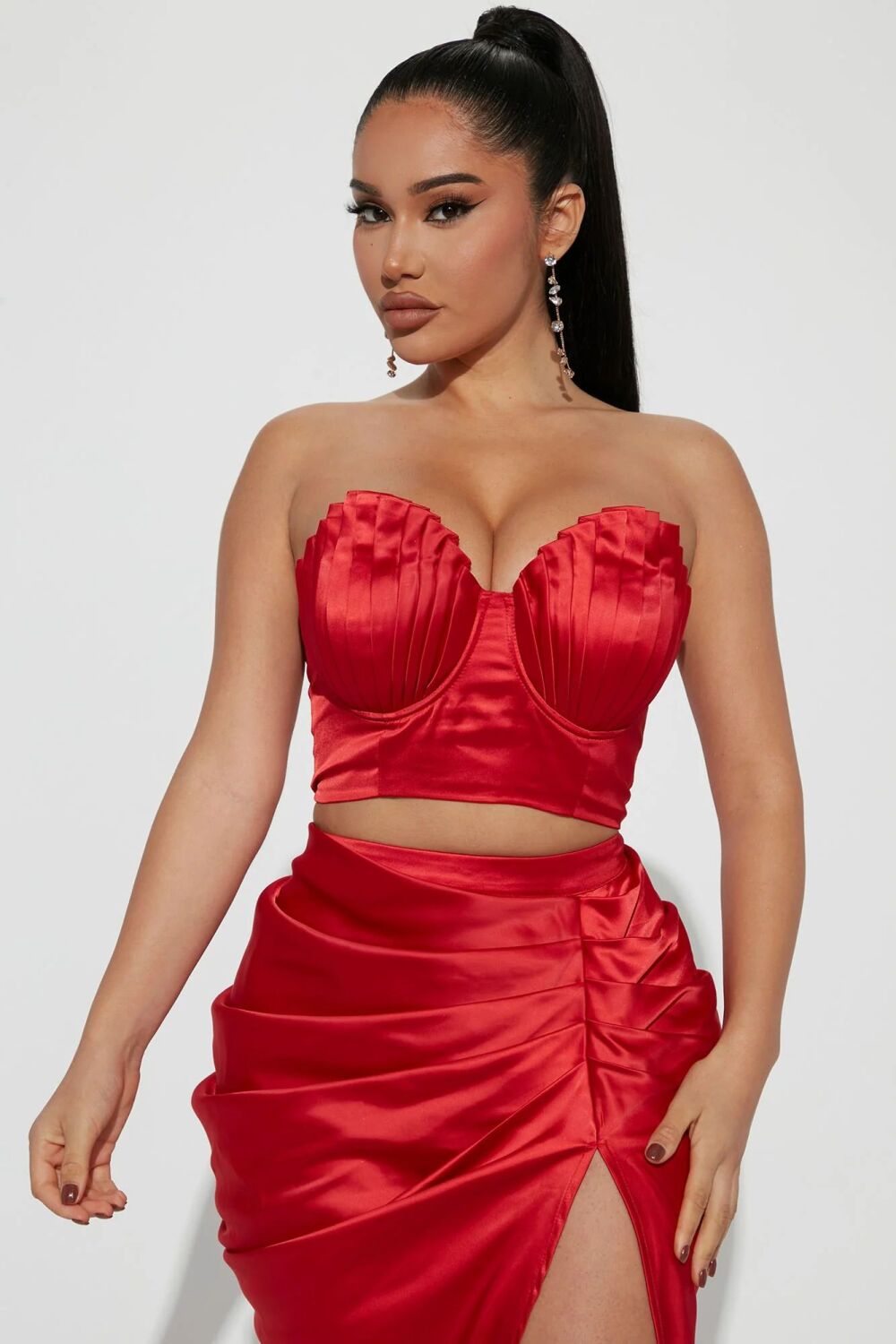 Red Satin Bustier Two-Piece Set Size: S