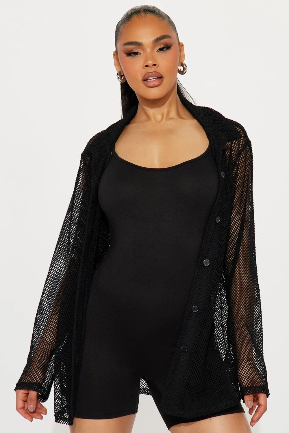 Black Mesh Button-Up Layered Romper Set Size: XS