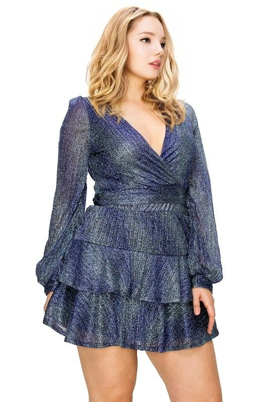 Blue Metallic Layered Ruffle Skirt 2-Piece Set