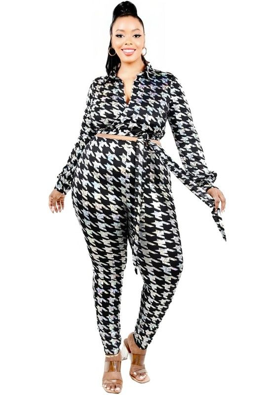 Black Houndstooth Wrap Top and Pant Set