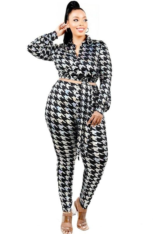 Black Houndstooth Wrap Top and Pant Set