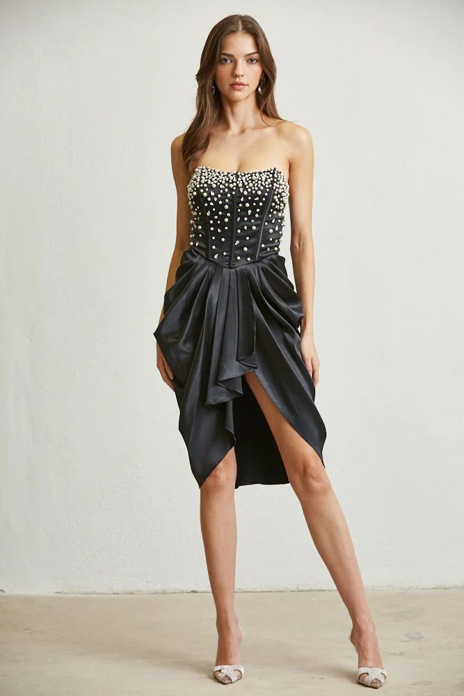 Luxe Black Satin Pearl-Embellished Strapless Corset Dress Size: S SKU: A089012