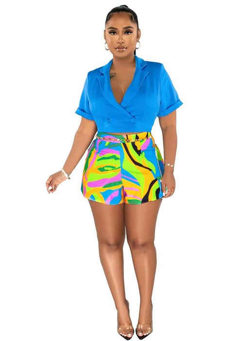 Vibrant Tropics Satin Blazer and Shorts Set Size: S