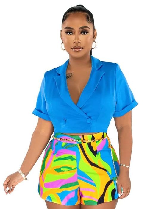 Vibrant Tropics Satin Blazer and Shorts Set Size: S