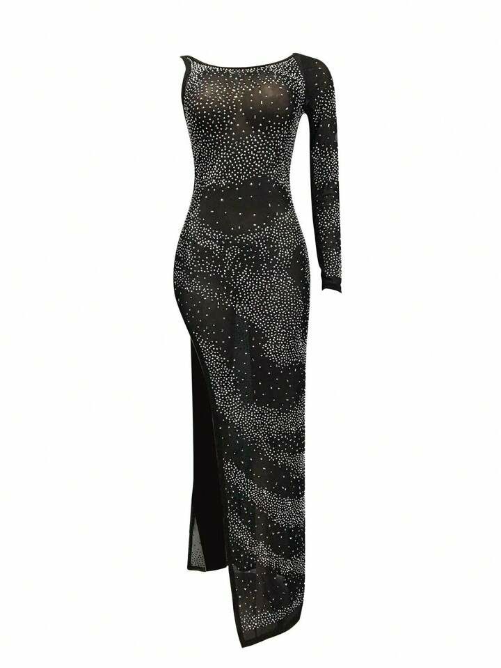 Luxe Asymmetric Rhinestone Sheer Maxi Dress Size: S Model Number: A675801