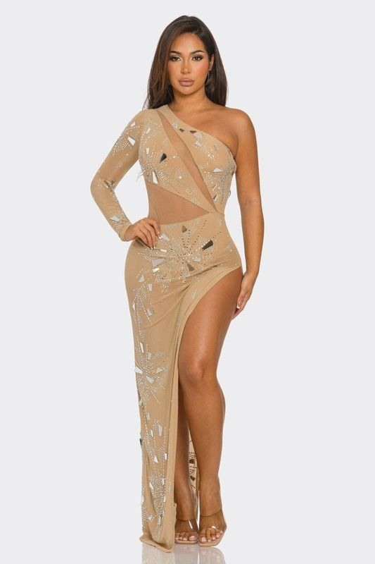 Luxe Champagne Mirror Embellished Gown Size: S Model Number: A025361