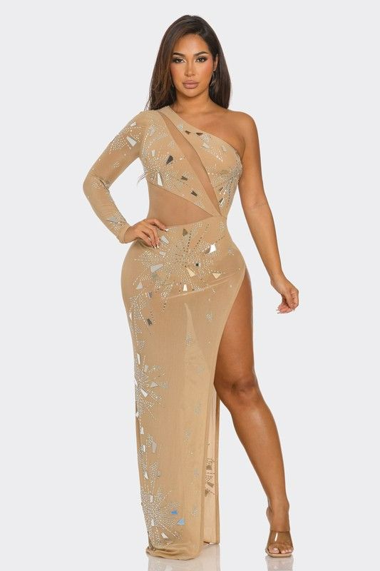 Luxe Champagne Mirror Embellished Gown Size: S Model Number: A025361