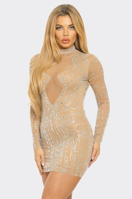 Luxe Bronze Rhinestone Illusion Mini Dress Size: S Model Number: A093455
