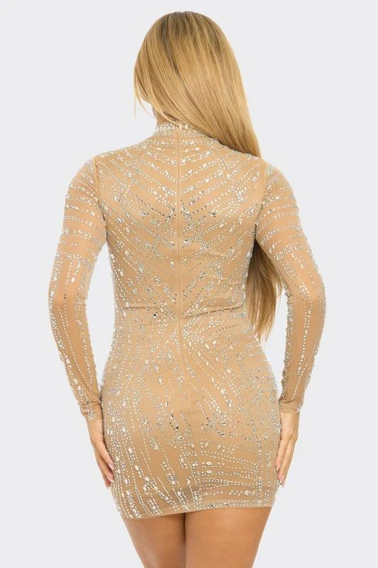 Luxe Bronze Rhinestone Illusion Mini Dress Size: S Model Number: A093455