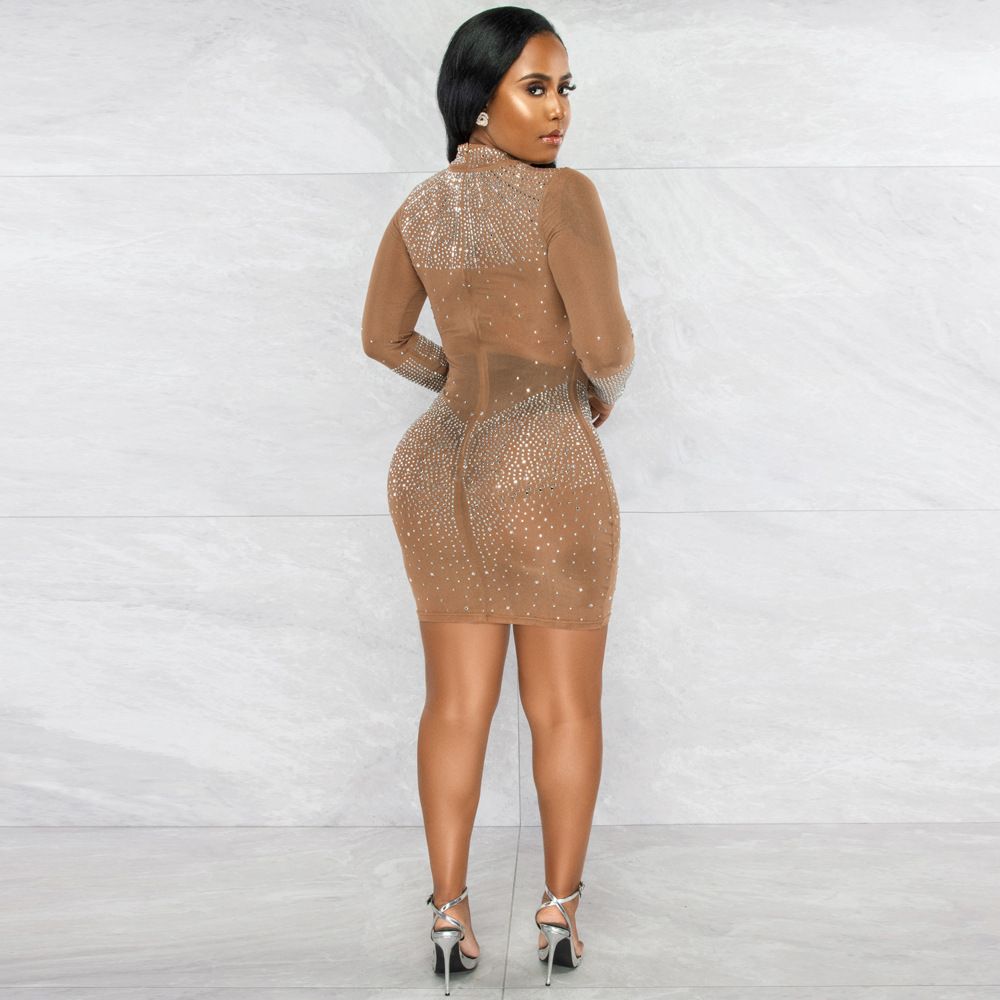 Luxe Nude Silver Rhinestones Mesh Mini Dress Size: L Model Number: C045361