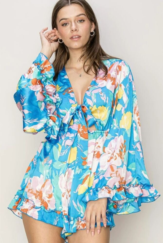 Tropical Bloom Long Sleeve Romper Size: M SKU: FLR7829X