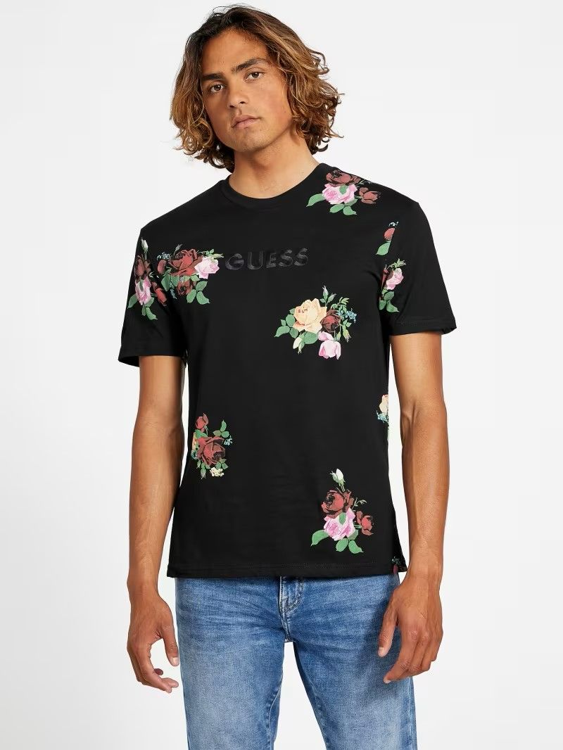 GUESS Men's Floral Embroidered Black T-Shirt SKU: 92637485
