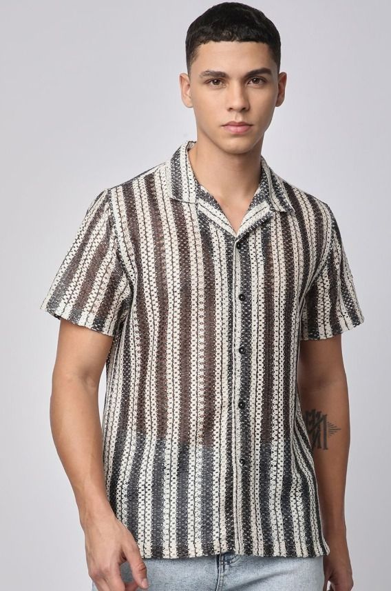 Men's Retro Knit Striped Button-Up Shirt Size: M SKU: 87456219