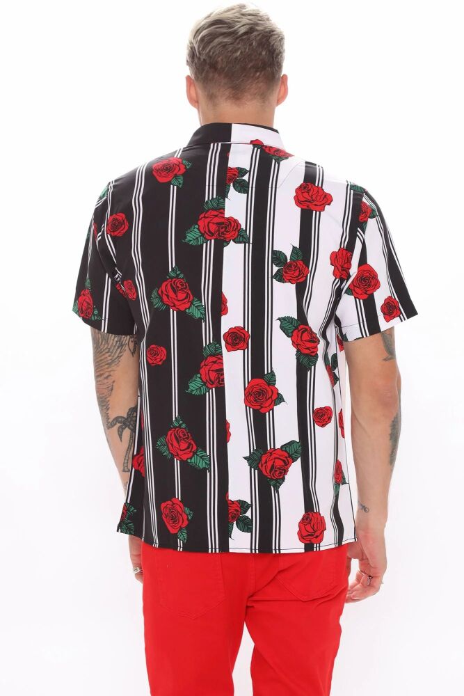 Striped Rose Print Short Sleeve Shirt Size: L SKU: 24567893