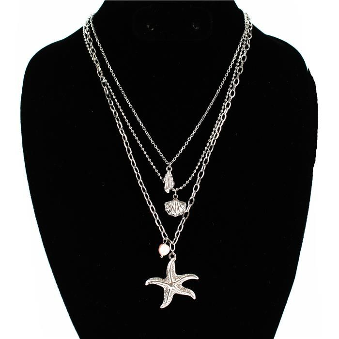 Stainless Steel Shell Pearl Charm Double Layered Necklace SKU: 18686IDN
