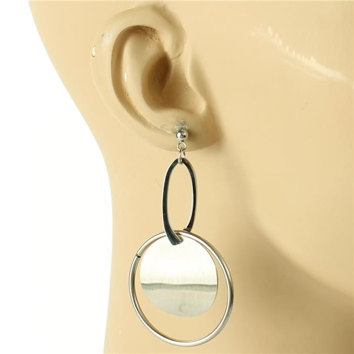 Silver Stainless Steel Dangling Round Earrings SKU: 17646SLE
