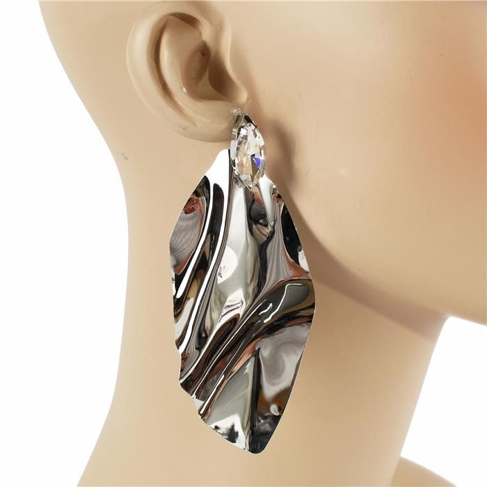 Silver Leaf-Shaped Metal & Stone Statement Earrings