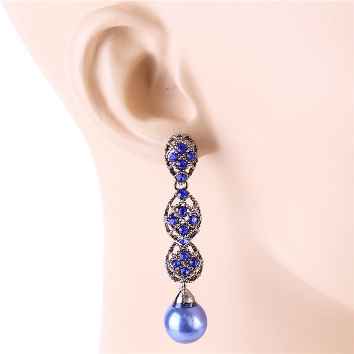 Blue Crystal & Pearl Teardrop Earrings