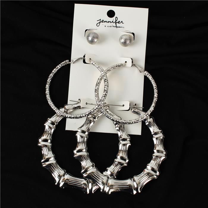 Silver Chunky Hoop Earring Set 3 Pairs SKU: 15539SLE