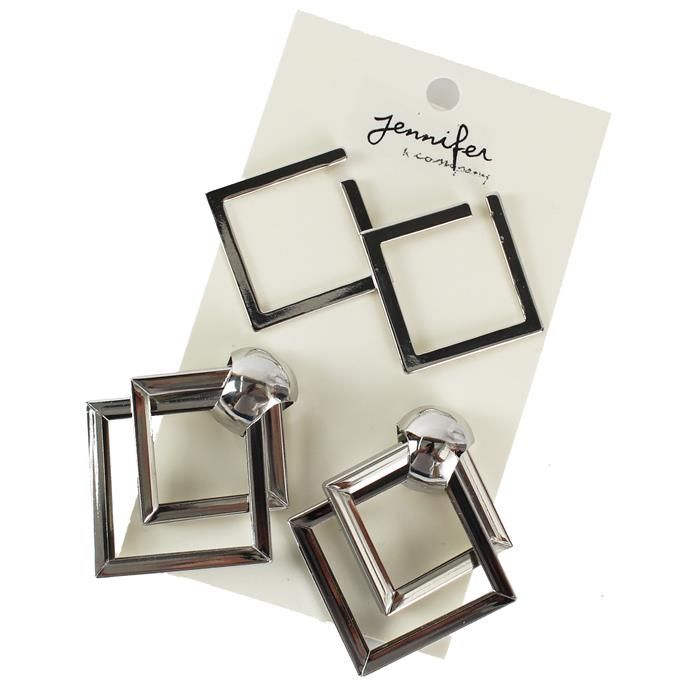 Silver Metal Square Chunky Stud Earring Set SKU: 178440SL