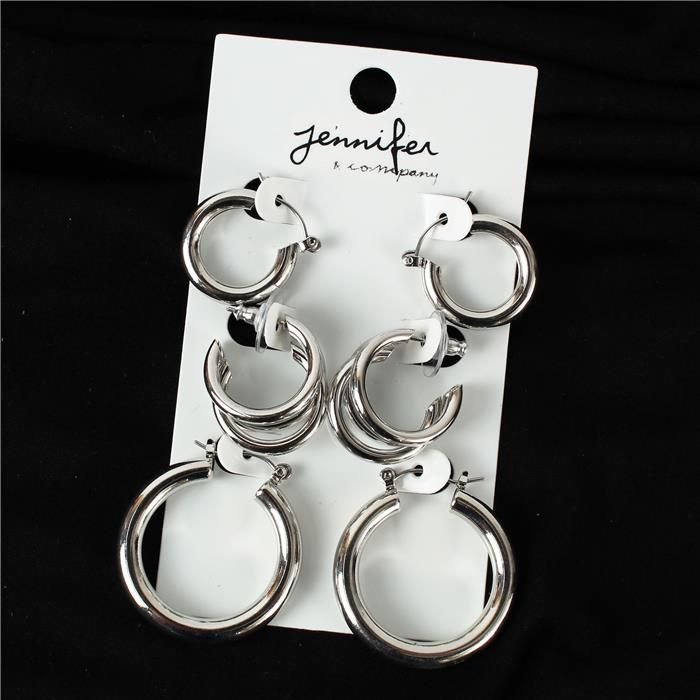 Silver Metal Hoop Earrings 3 Pairs Set SKU: 179532SL