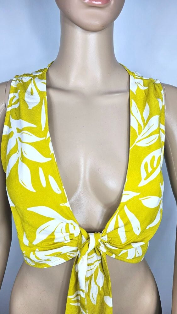 Mustard Yellow Floral Tie-Waist Crop Top SKU: 5432109