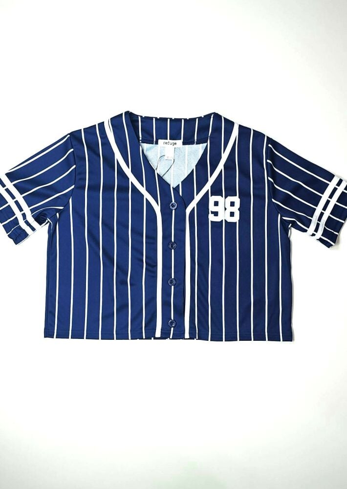 Striped Mesh Baseball Jersey Top Size: L