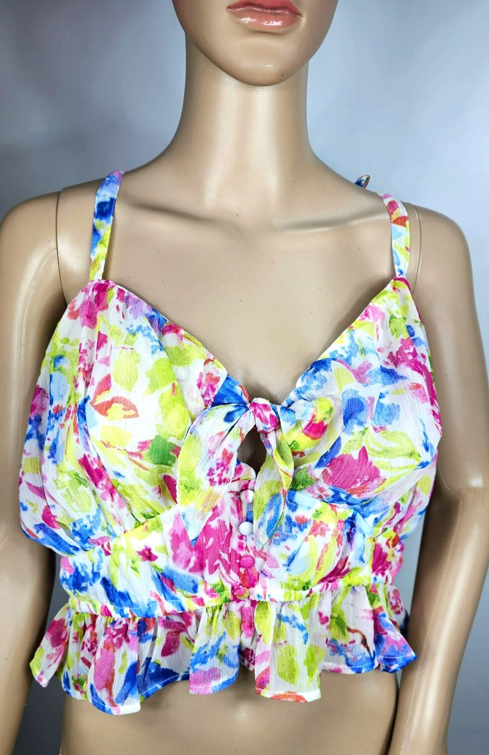 Sheer Multicolor Floral Tie-Front Crop Top Size: M SKU: 6789012