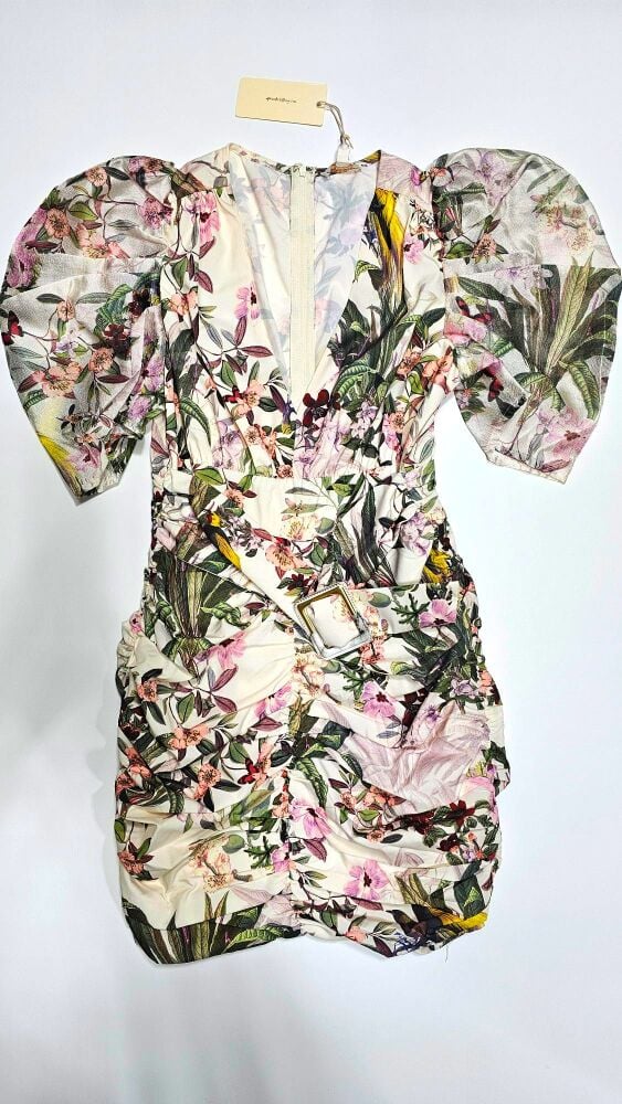 SKU: A752 Tropical Print Puff 3/4 Sleeves Jacket Dress Size: S