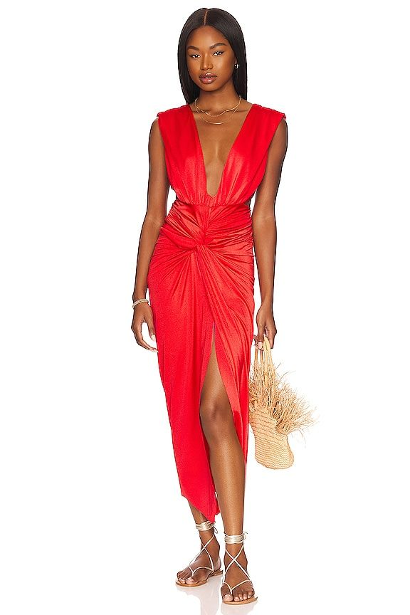 Red Plunge Knot Front Maxi Dress Size: S SKU: A5234719