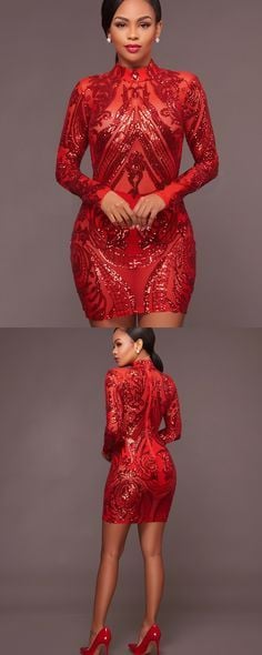 Red LS Sequins Bodycon Dress Size: L