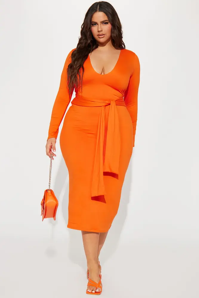 Orange Long Sleeve Stretch Tie Waist Midi Dress Size: L SKU: C0M3382