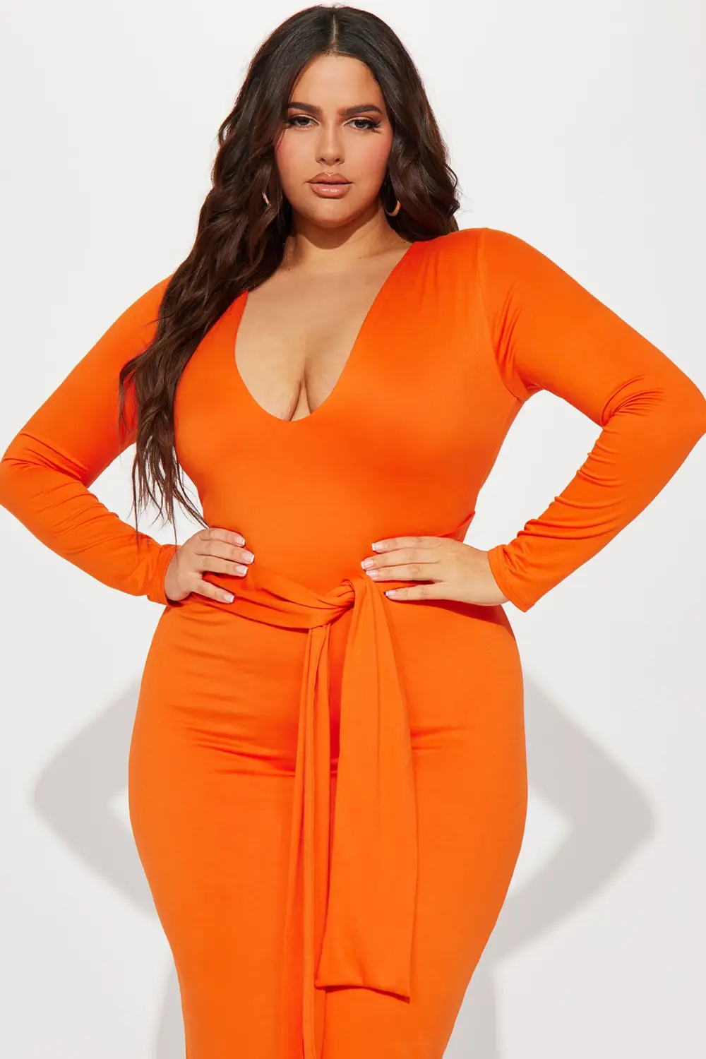 Orange Long Sleeve Stretch Tie Waist Midi Dress Size: L SKU: C0M3382