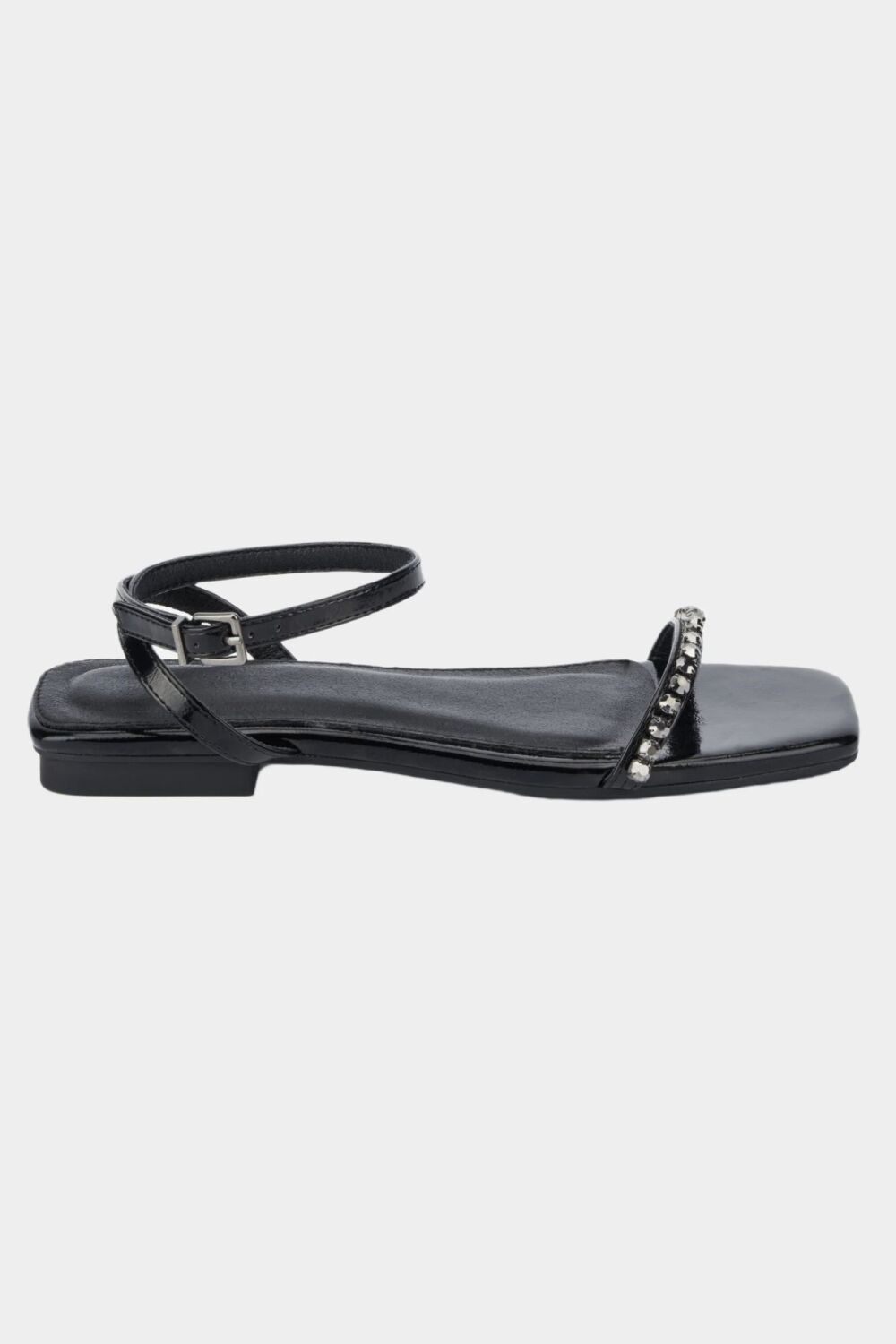 COMING SOON Black Gem Ankle Wrap Flat Sandal Size: 8