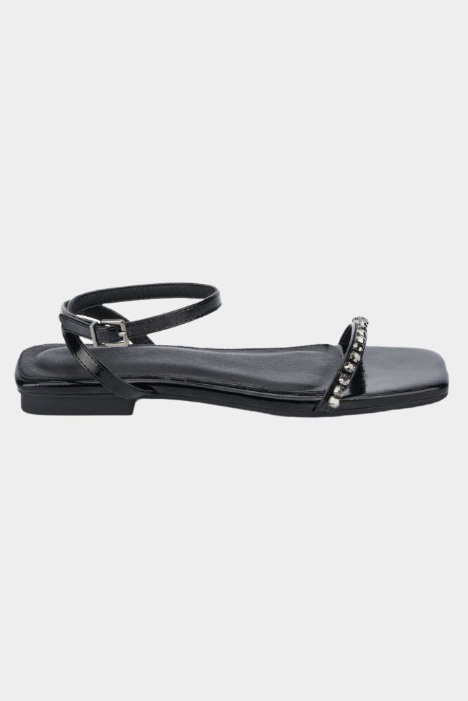 COMING SOON Black Gem Ankle Wrap Flat Sandal Size: 8