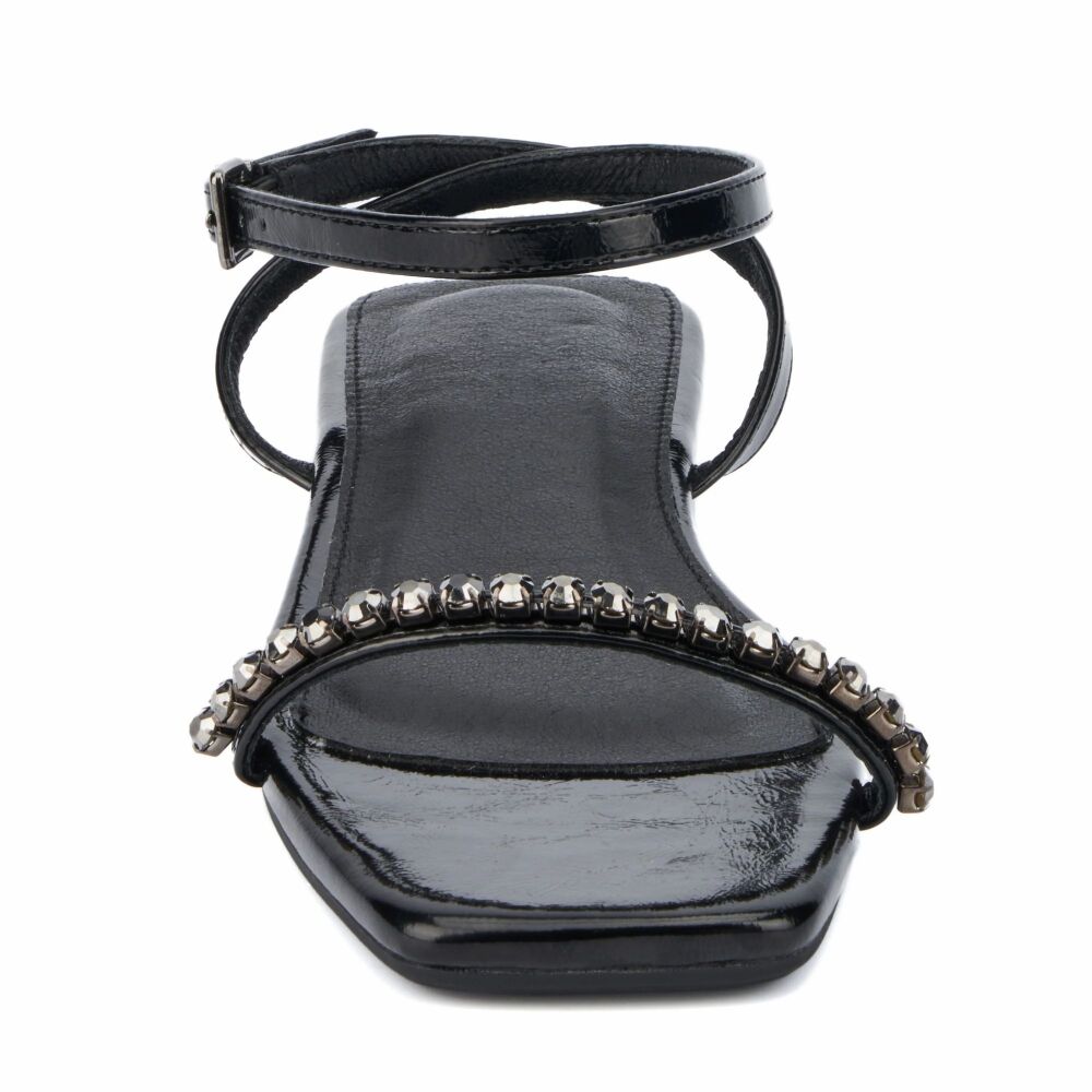 COMING SOON Black Gem Ankle Wrap Flat Sandal Size: 8