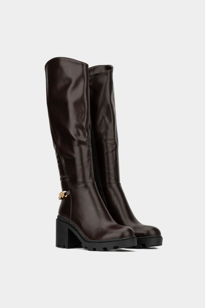 Brown Tall Chunky Heel Boots Size: 9