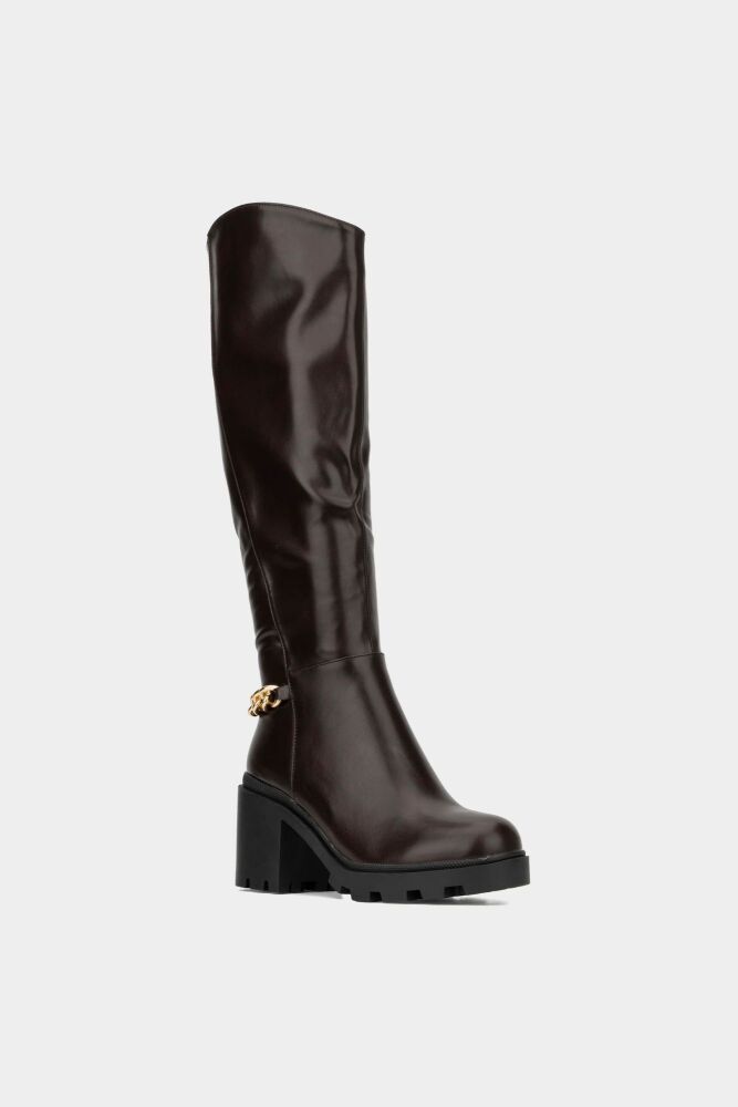 Brown Tall Chunky Heel Boots Size: 9