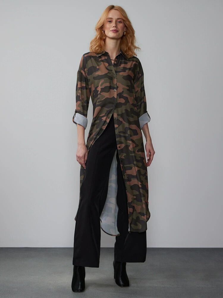 Camo Midi Button Down Shirt Size: XS