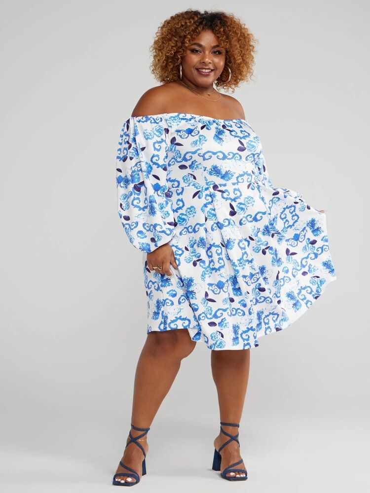 Blue Off-Shoulder Floral Print Dress Size: 2XL SKU: F0M7869