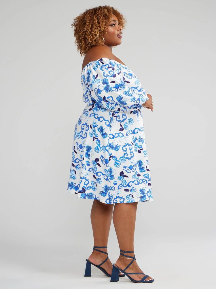 Blue Off-Shoulder Floral Print Dress Size: 2XL SKU: F0M7869