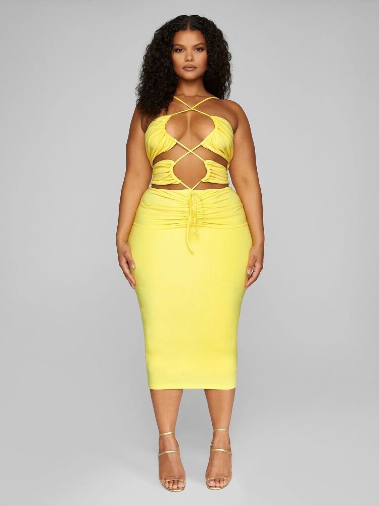 Light Yellow Drawstring Detail Midi Dress Size: 3XL SKU: G0M6768