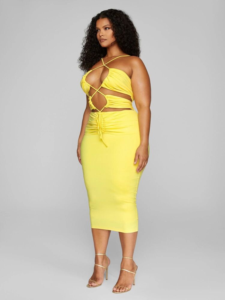 Light Yellow Drawstring Detail Midi Dress Size: 3XL SKU: G0M6768