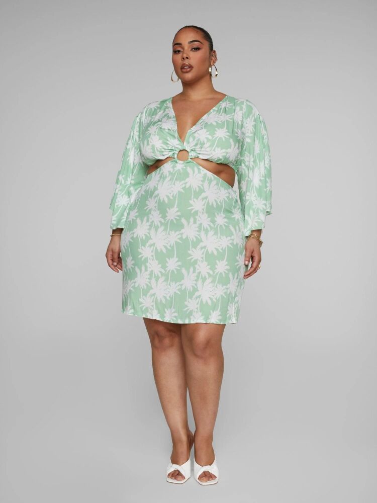 Light Green Palm Print O-Ring Dress Size: 2XL SKU: F0M8970