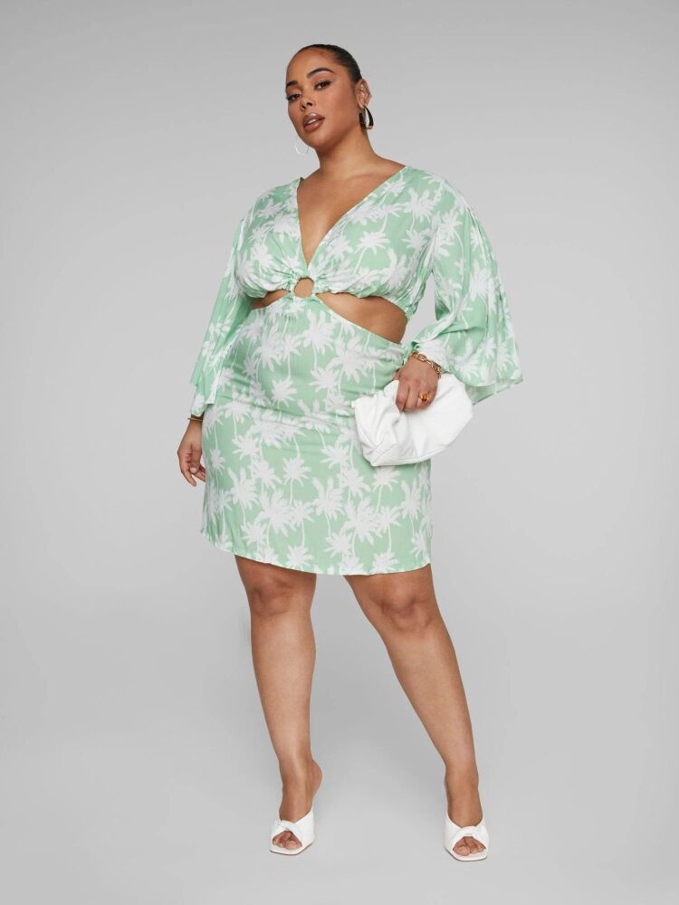 Light Green Palm Print O-Ring Dress Size: 2XL SKU: F0M8970