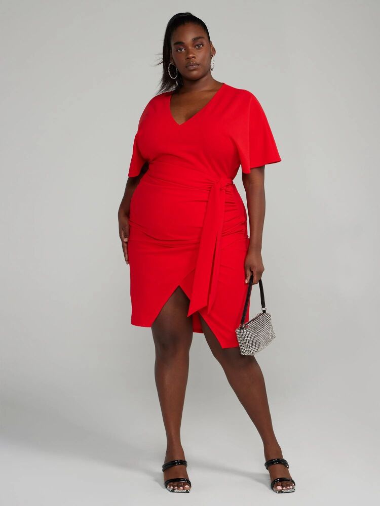 Red Iconic Ruched Wrap Dress Size: 4XL SKU: 1093832