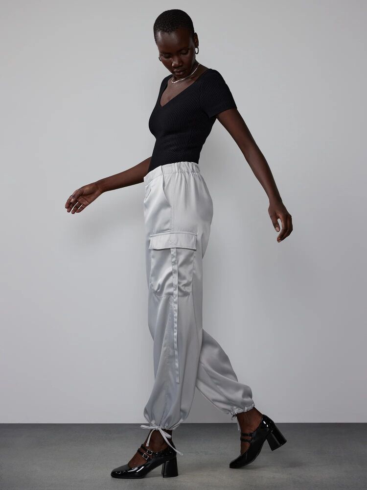 Grey Satin Cargo Tie Pants Size: L SKU: 6103938