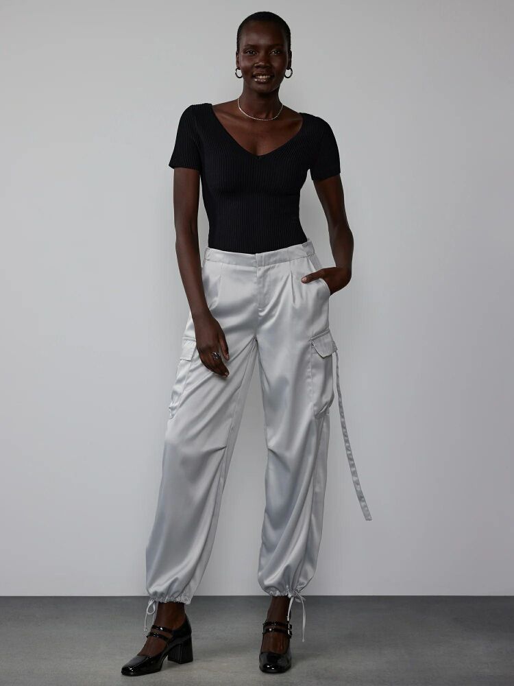 Grey Satin Cargo Tie Pants Size: L SKU: 6103938