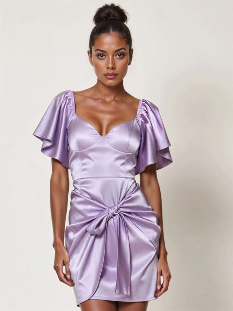 Purple Short Sleeves Bustier Wrap Satin Mini Dress Size: L SKU: C019301
