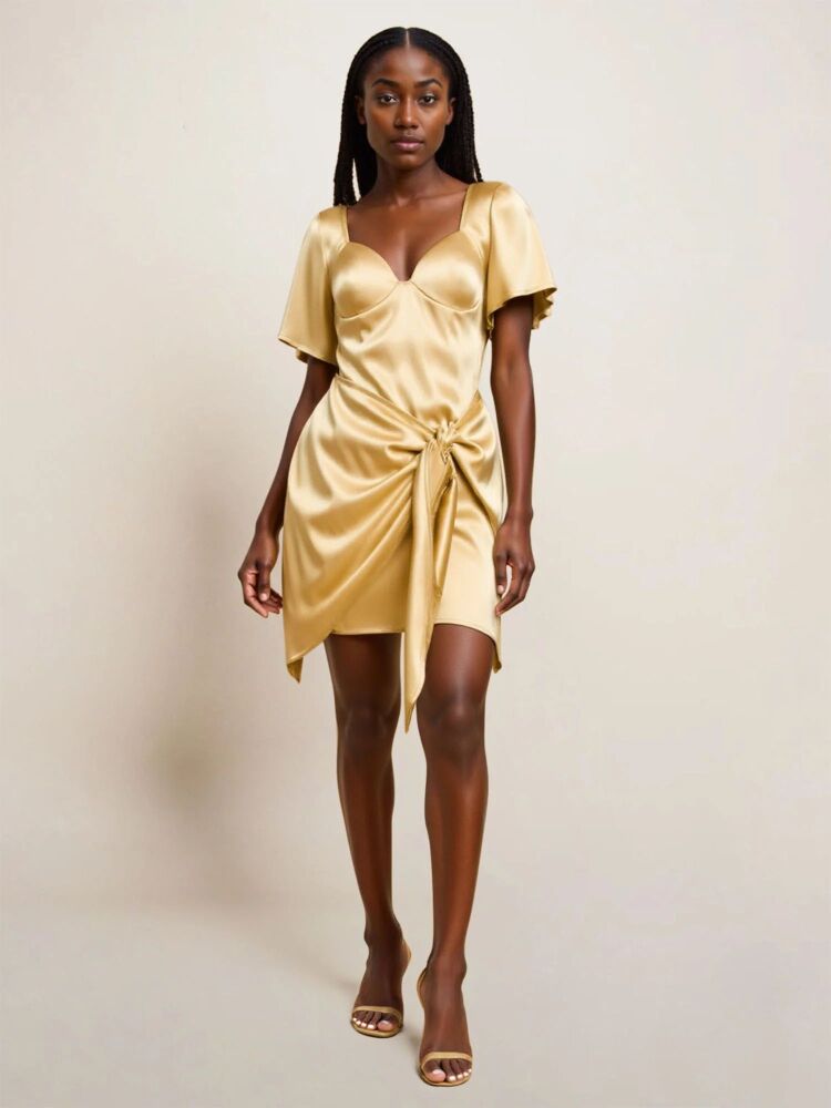 Gold Short Sleeves Bustier Wrap Satin Mini Dress Size: L SKU: C019304